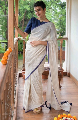 Off White Blue Border Mulmul Cotton Onam Saree