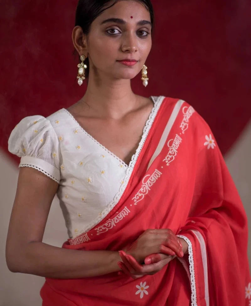 Readymade White Cotton Puff Sleeve Blouse With V Neck