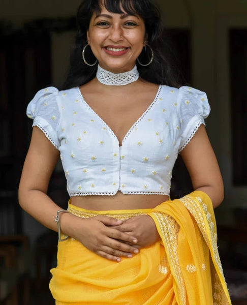 Readymade White Cotton Puff Sleeve Blouse With V Neck