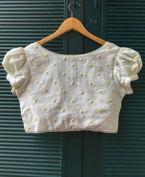 Readymade White Cotton Puff Sleeve Blouse With V Neck