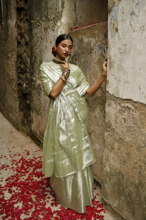 Pastel Pista Handloom Tissue Saree