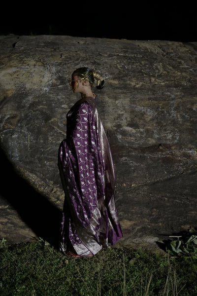 Plum Handwoven Katan Banarasi Saree with Jaal Pattern and Floral Border