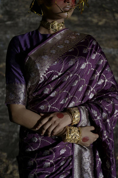 Plum Handwoven Katan Banarasi Saree with Jaal Pattern and Floral Border
