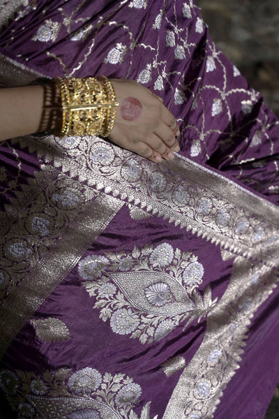 Plum Handwoven Katan Banarasi Saree with Jaal Pattern and Floral Border
