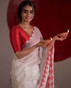 Red And White Cotton Printed Saree