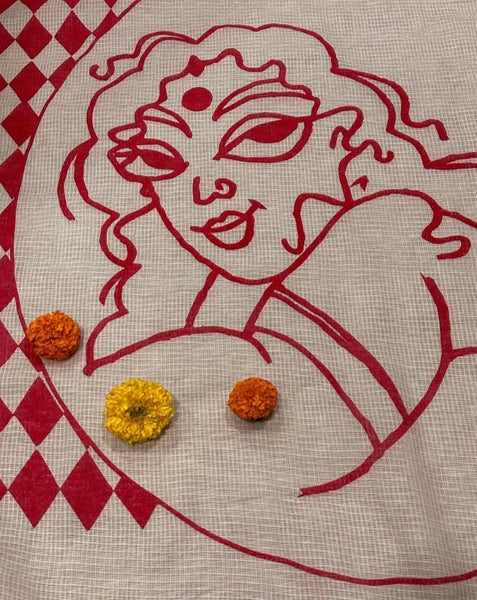 Red And White Cotton Printed Saree