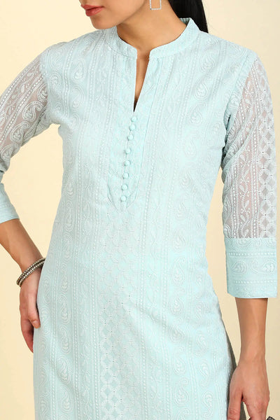 Sky Blue Georgette Paisley Thread Embroidered Straight Kurta