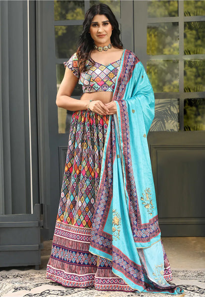 Printed Crushed Satin Lehenga in Multicolor