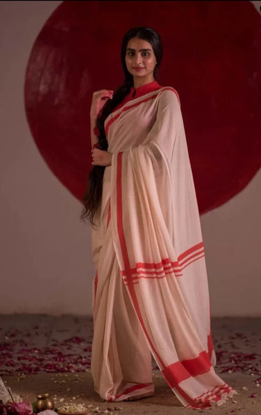 Red And White Mulmul Cotton Laal Paar Saree