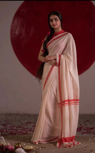 Red And White Mulmul Cotton Laal Paar Saree