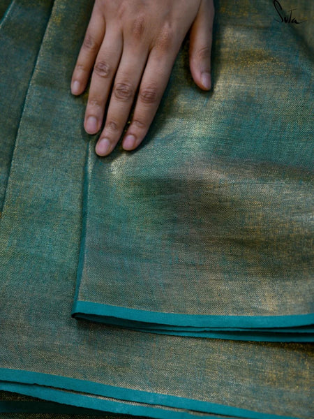 Green And Gold Linen Zari Saree With Blouse Piece