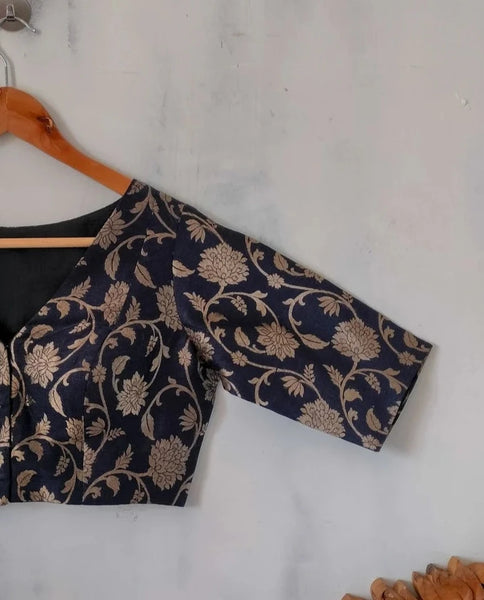 Readymade Black Silk Elbow Sleeve Blouse With Floral Design