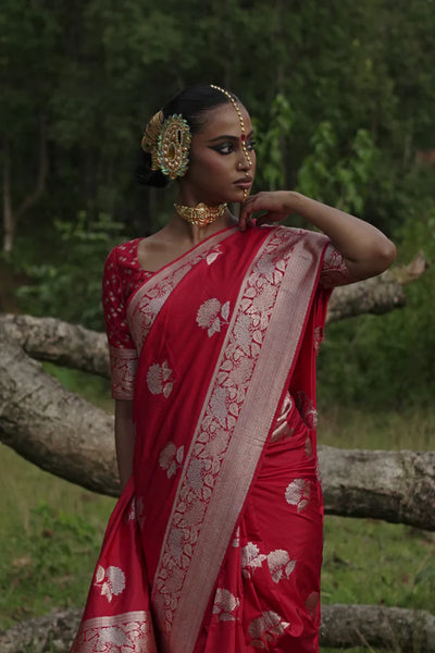 Red Handwoven Katan Banarasi Saree with Floral Jaal Zari Border and Geranium Motifs