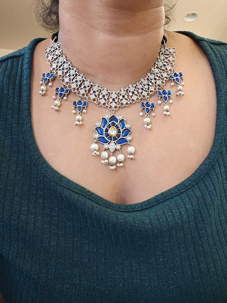 Achyutha Blue Colored Fusion Choker Necklace set