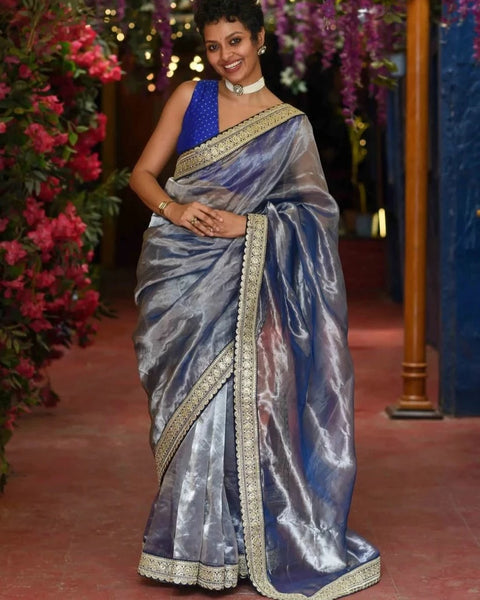 Blue Chanderi Silk Zari Shimmer Saree With Lace Border