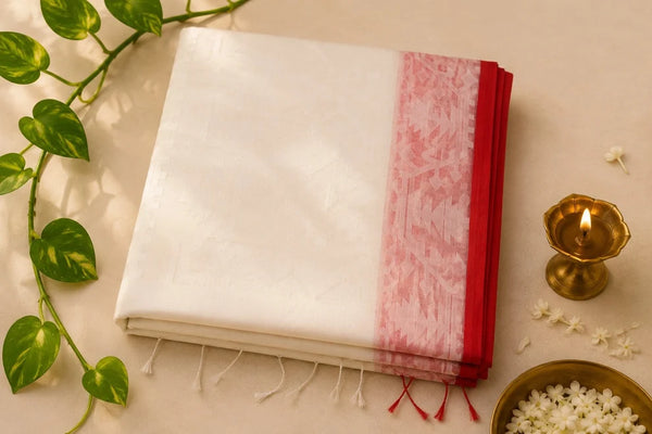 White Saree with Red Jamdani Woven Border with Buti Design