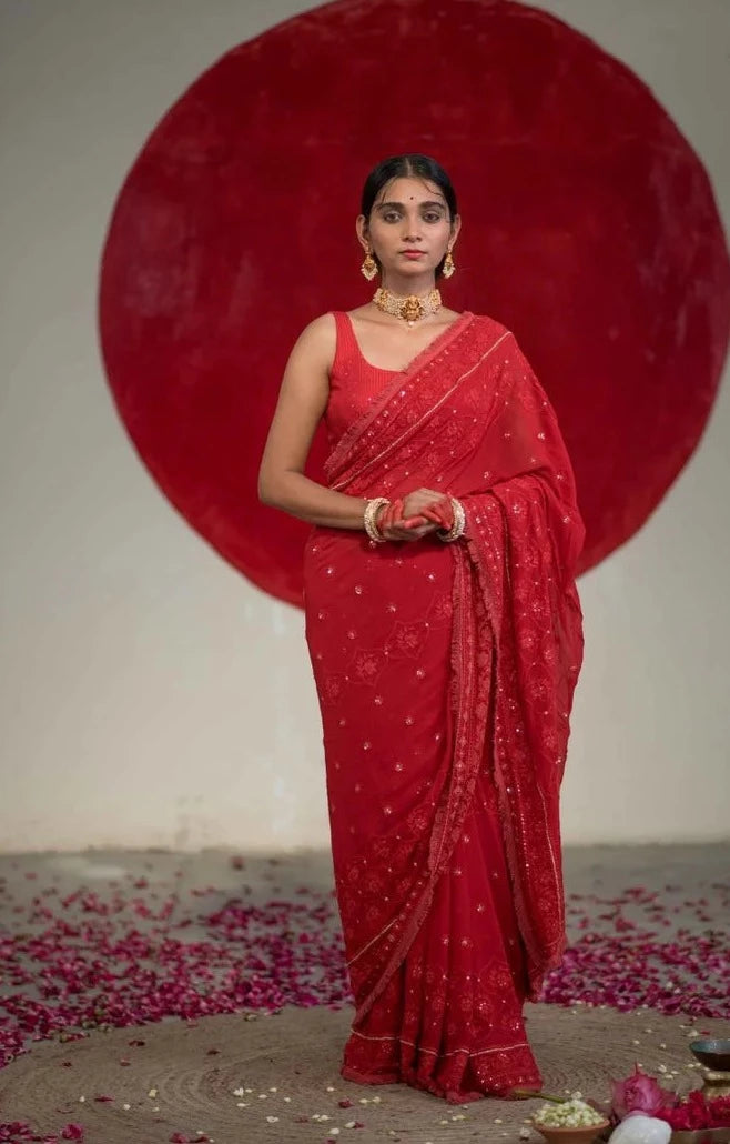 Red Viscose Georgette Embroidery Saree With Sequins And Lace