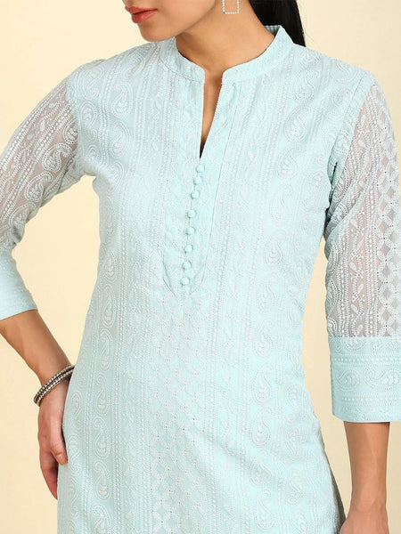 Sky Blue Georgette Paisley Thread Embroidered Straight Kurta