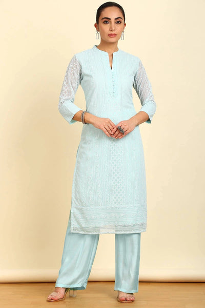 Sky Blue Georgette Paisley Thread Embroidered Straight Kurta