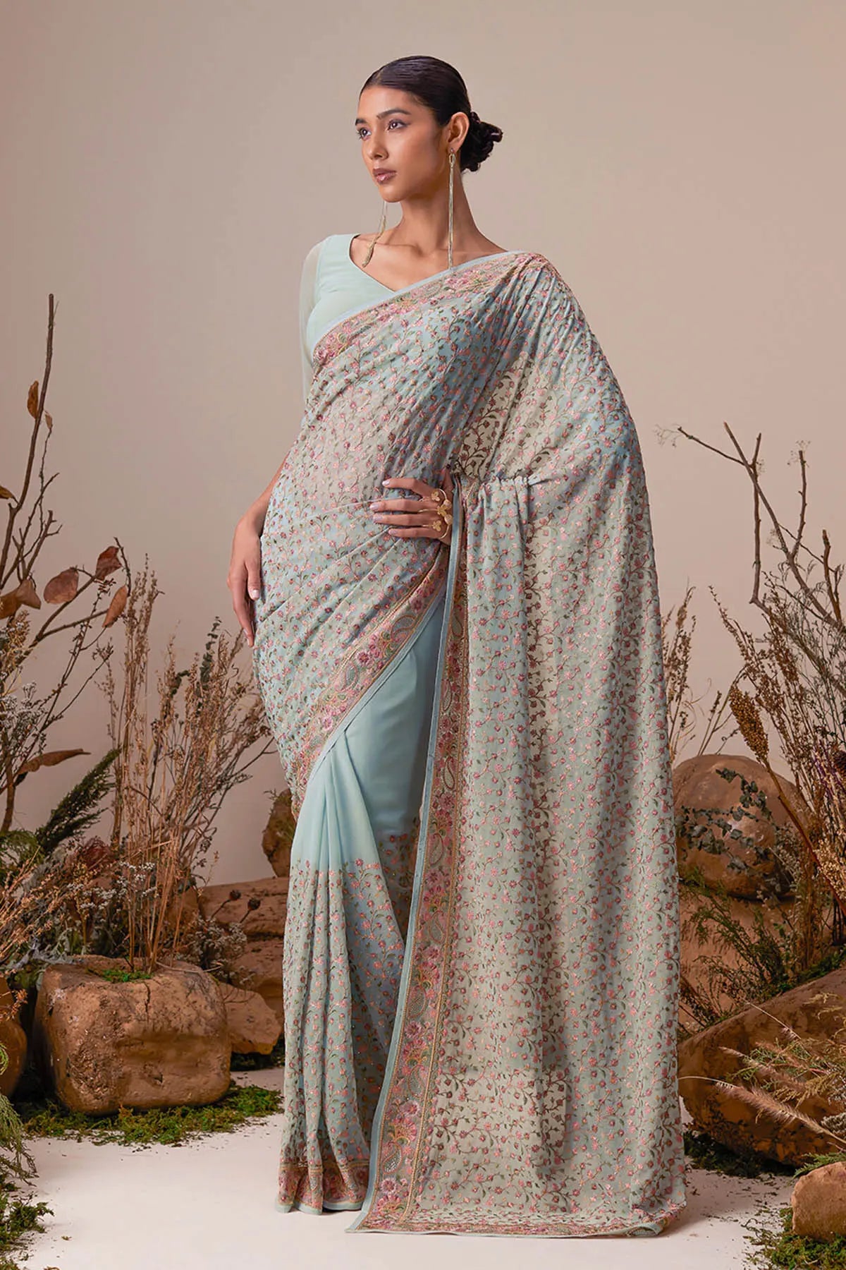 Powder Blue Georgette All-Over Floral Embroidered Saree with Stonework with Net Stitched Blouse