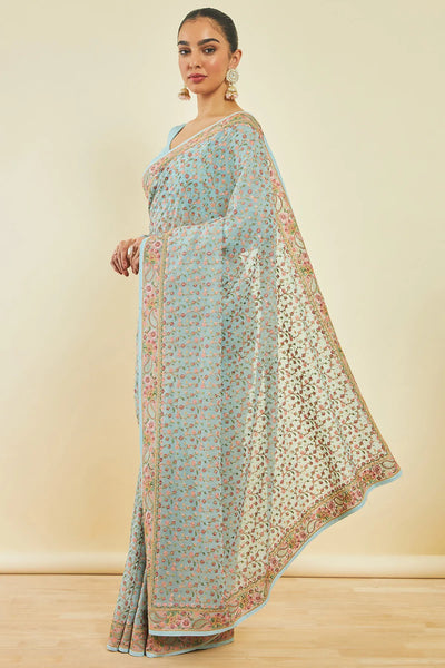 Powder Blue Georgette All-Over Floral Embroidered Saree with Stonework with Net Stitched Blouse