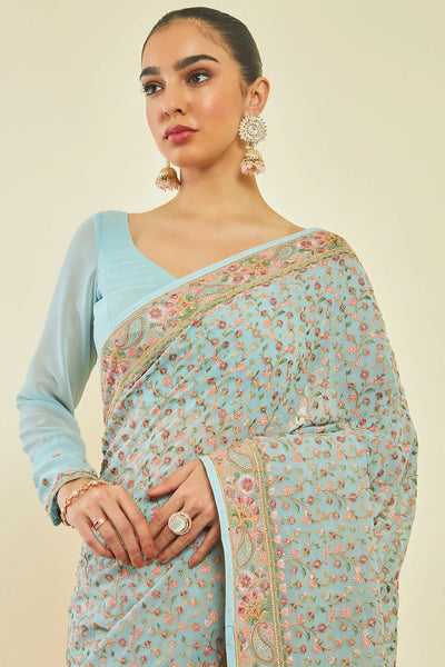 Powder Blue Georgette All-Over Floral Embroidered Saree with Stonework with Net Stitched Blouse