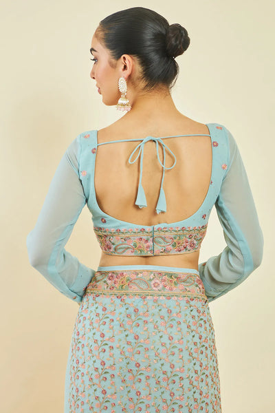 Powder Blue Georgette All-Over Floral Embroidered Saree with Stonework with Net Stitched Blouse
