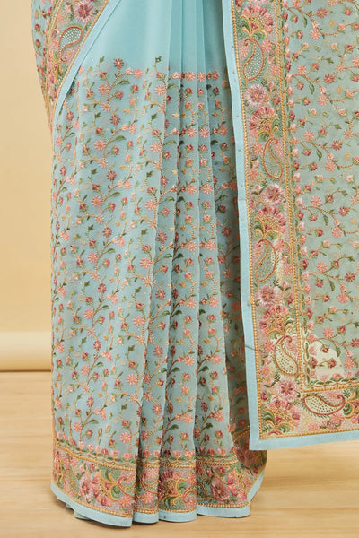 Powder Blue Georgette All-Over Floral Embroidered Saree with Stonework with Net Stitched Blouse