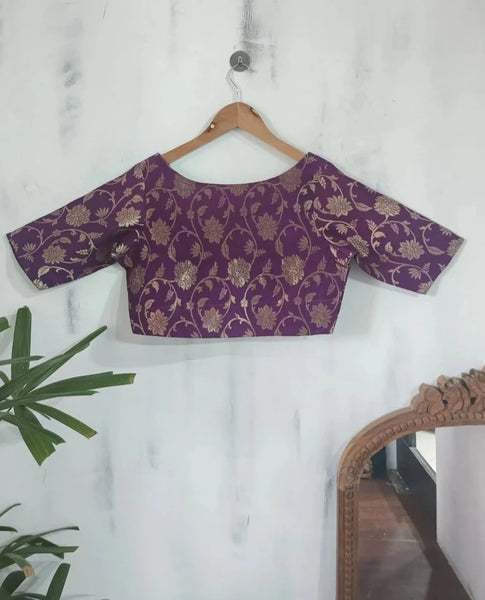 Readymade Purple Silk Elbow Sleeve Blouse With Floral Design