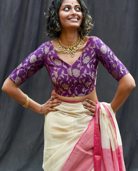 Readymade Purple Silk Elbow Sleeve Blouse With Floral Design