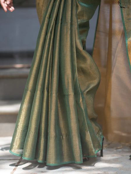 Green And Gold Linen Zari Saree With Blouse Piece