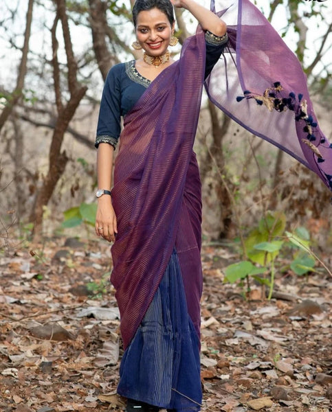 Beautiful Blue & Purple Cotton Saree With Zari Detailing