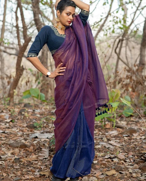 Beautiful Blue & Purple Cotton Saree With Zari Detailing