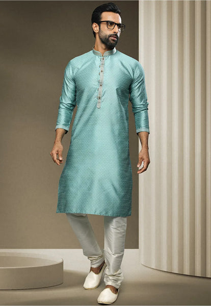 Woven Art Silk Jacquard Kurta Set in Sky Blue