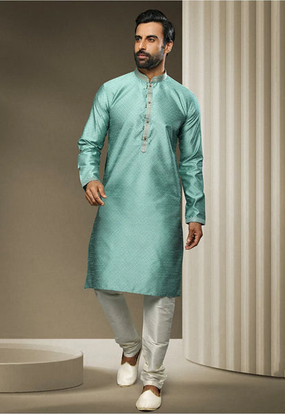 Woven Art Silk Jacquard Kurta Set in Sky Blue