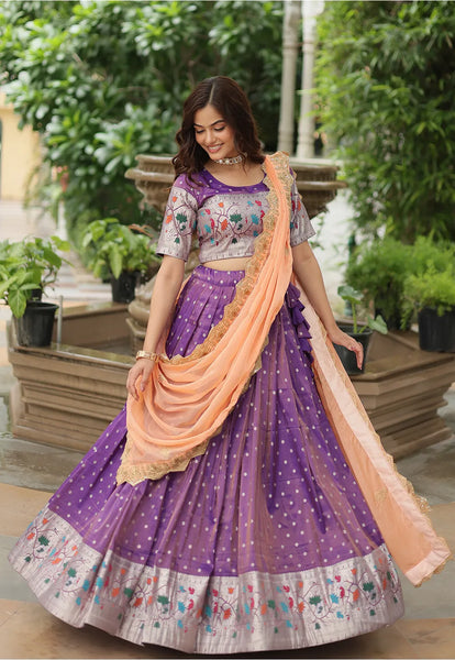 Woven Silk Jacquard Lehenga in Purple