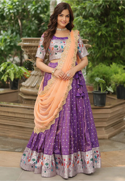 Woven Silk Jacquard Lehenga in Purple