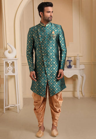 Woven Raw Silk Jacquard Sherwani with Peshawari in Teal Green