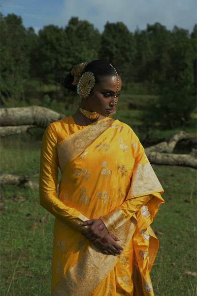 Yellow Handloom Katan Banarasi Saree with Floral Jaal Zari Border and Floral Butis