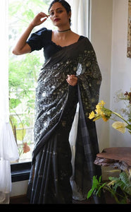 Black and White Embroidered Handloom Tussar Silk Saree