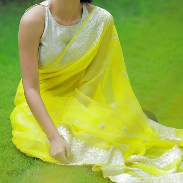 Pure Yellow Handwoven Khaddi Chiffon Georgette with Pure Silver Zari