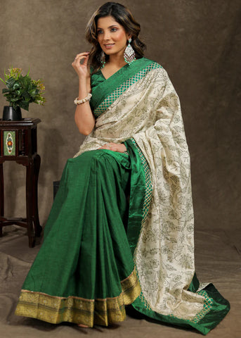 GREEN COTTON SAREE WITH BEAUTIFUL KANTHA WORK PALLU