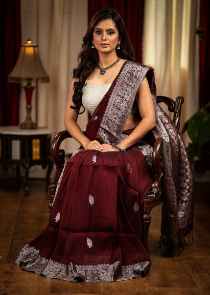 BROWN HANDWOVEN JAMDANI DESIGNER LINEN SAREE