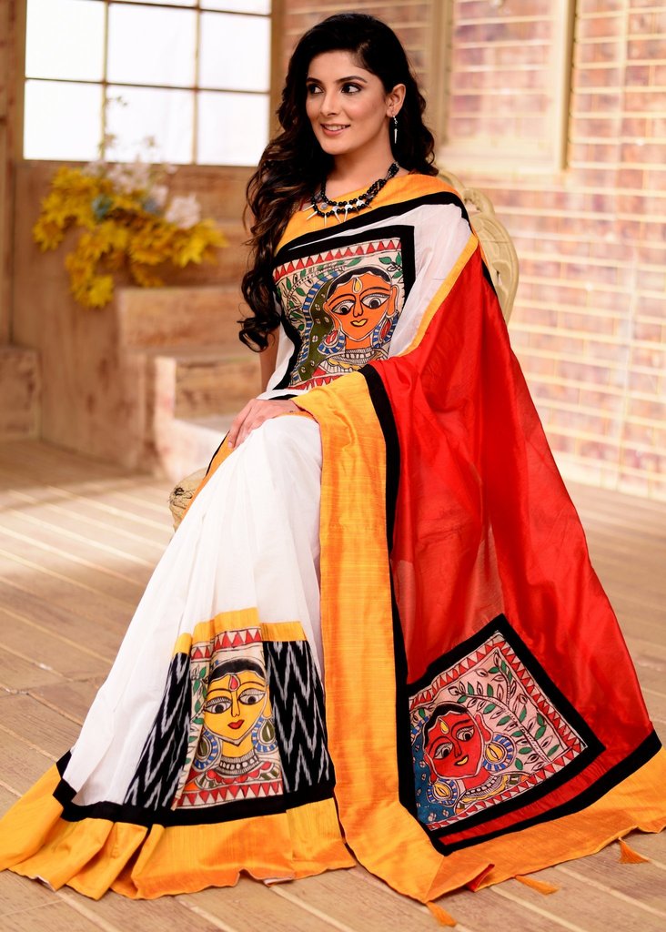 EXCLUSIVE WHITE CHANDERI SAREE WITH INTRICATE HAND PAINTED MADHUBANI & IKAT COMBINATION