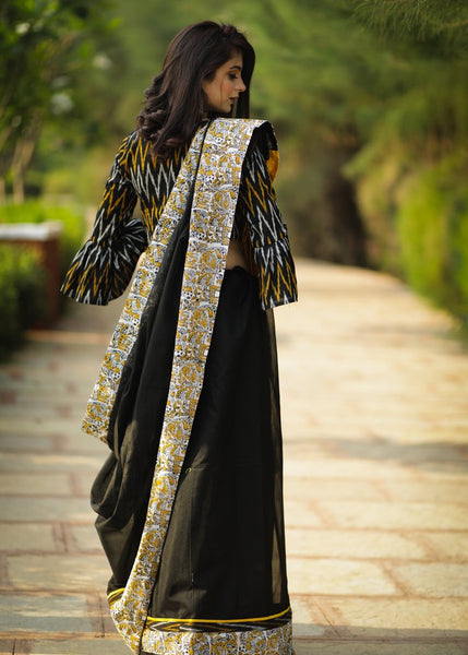 BLACK CHANDERI SAREE WITH BLOCK PRINTED BORDER