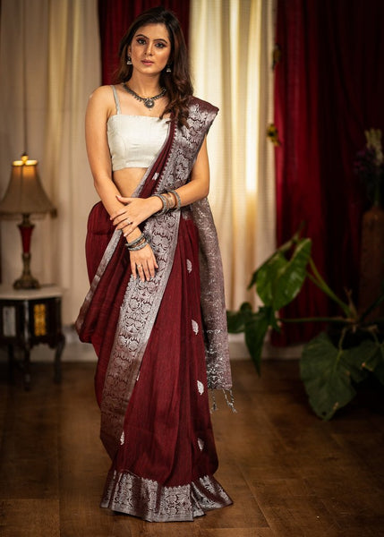 BROWN HANDWOVEN JAMDANI DESIGNER LINEN SAREE