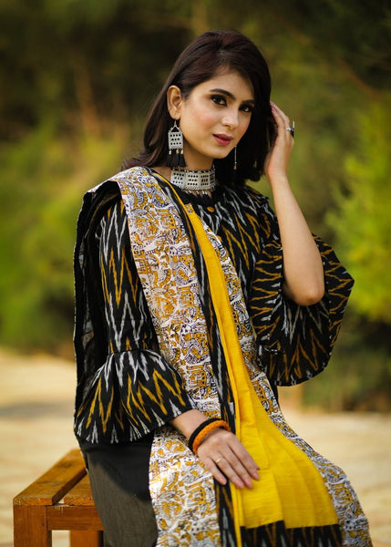 BLACK CHANDERI SAREE WITH BLOCK PRINTED BORDER