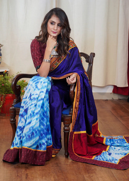 KHUN BLUE SAREE WITH SHIBORI PLEATS AND KUTCH BORDER