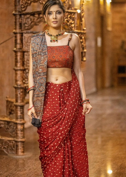 RED MODAL SILK BANDHEJ & AJRAKH COMBINATION SAREE