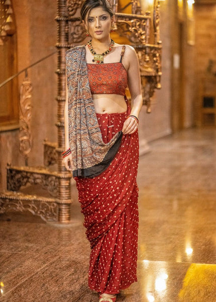 RED MODAL SILK BANDHEJ & AJRAKH COMBINATION SAREE